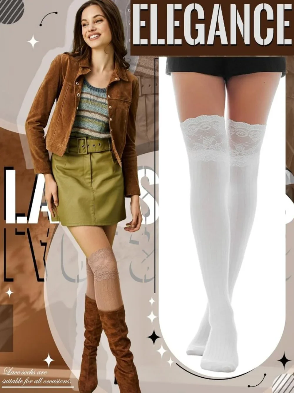 Knee High Lace Socks - 4 Pairs Women's Kawaii Long Stockings for Boots & Fashion